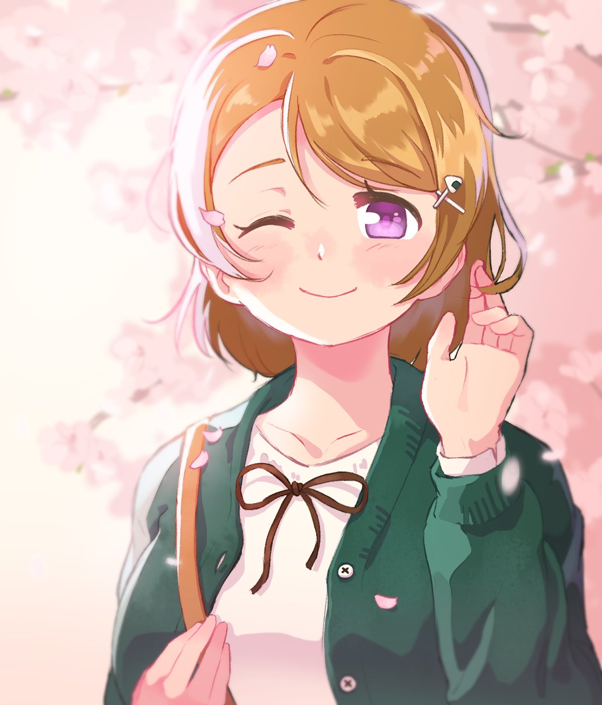 1girl ;) black_ribbon brown_hair cardigan cherry_blossoms commentary_request dodapan green_cardigan hair_ornament hairpin hand_on_own_chest hand_up highres koizumi_hanayo long_sleeves looking_at_viewer love_live! love_live!_school_idol_project neck_ribbon one_eye_closed onigiri_hair_ornament petals ribbon shirt short_hair smile solo upper_body violet_eyes white_shirt x_hair_ornament