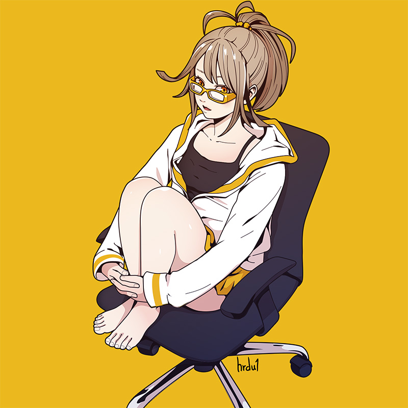 1girl barefoot brown_hair chair glasses harada_yuuichi hood hoodie leg_hug looking_at_viewer orange_eyes original ponytail sitting solo tank_top yellow_background