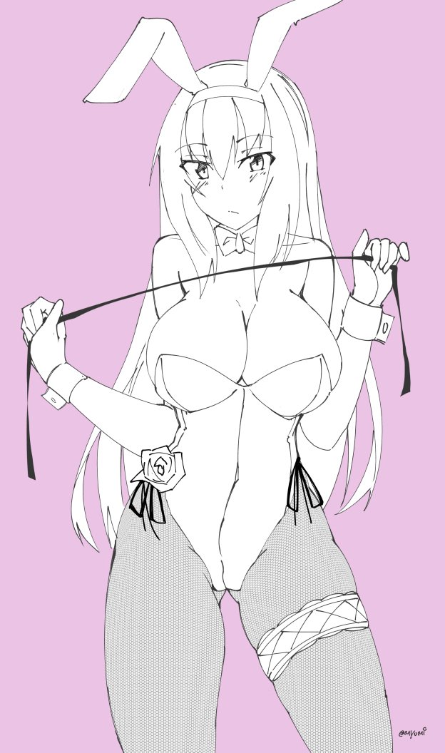 1girl animal_ears bare_shoulders blush breasts bunnysuit character_request closed_mouth contrapposto eyebrows_visible_through_hair fate/grand_order fate_(series) fine_fabric_emphasis fishnet_legwear fishnets flower gluteal_fold hairband holding large_breasts legband leotard long_hair looking_at_viewer myumi panties pantyhose pink_background rabbit_ears rose scathach_(fate/grand_order) side-tie_panties signature simple_background solo underwear wrist_cuffs