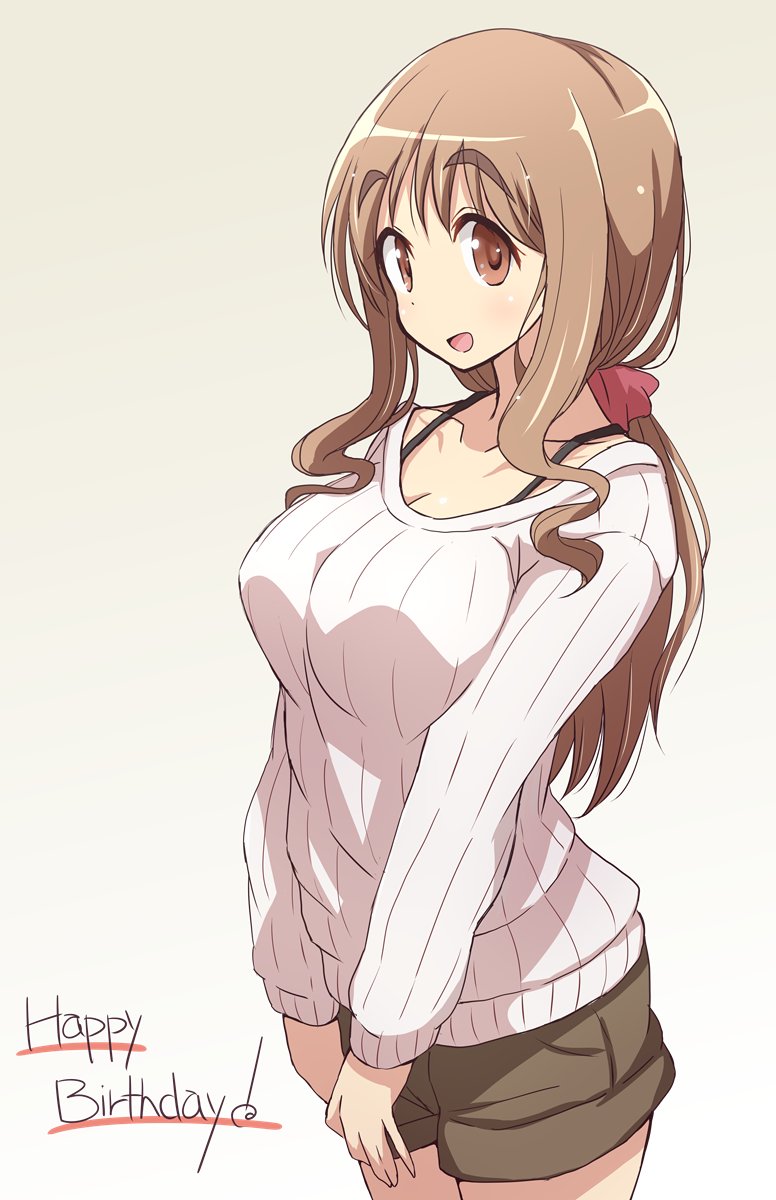 1girl blush breasts brown_eyes brown_hair brown_shorts cleavage commentary eyebrows_visible_through_hair highres large_breasts long_hair looking_at_viewer matsumoto_yoriko mel_(melty_pot) open_mouth red_ribbon ribbon shorts simple_background smile solo sweater thighs tied_hair yuyushiki
