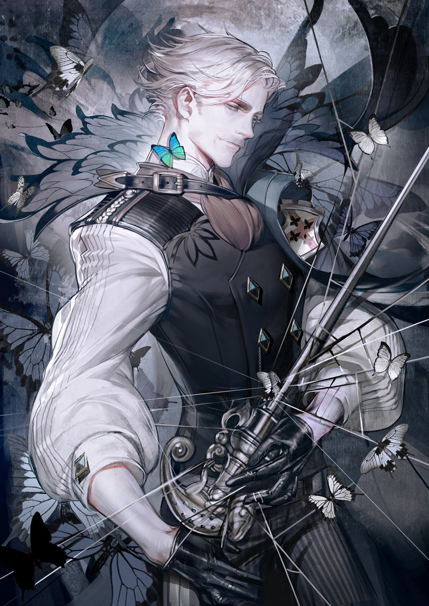 1boy belt black_vest butterfly cane closed_mouth commentary_request facial_hair fate/grand_order fate_(series) grey_eyes grey_hair highres insect james_moriarty_(fate/grand_order) liduke long_sleeves male_focus mustache old_man shirt solo upper_body vest white_shirt