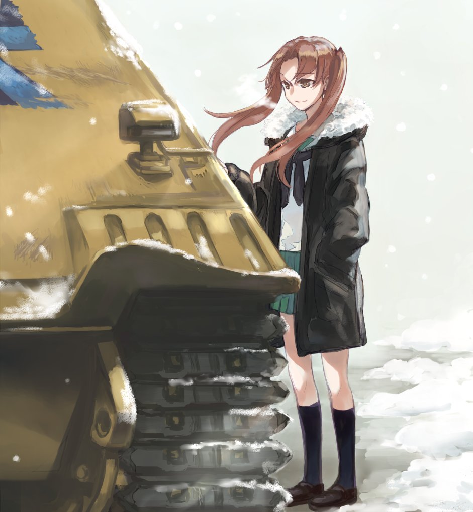 1girl bangs black_coat black_legwear black_neckwear black_ribbon blouse blurry blurry_foreground brown_eyes brown_footwear brown_hair closed_mouth commentary day depth_of_field girls_und_panzer green_skirt ground_vehicle hair_ribbon hand_in_pocket jagdpanzer_38(t) kadotani_anzu kneehighs light_smile loafers long_hair long_sleeves looking_to_the_side military military_vehicle miniskirt motor_vehicle neckerchief ooarai_school_uniform parted_bangs pleated_skirt ribbon school_uniform serafuku shoes skirt snow solo standing tank twintails white_blouse wind yuuyu_(777)