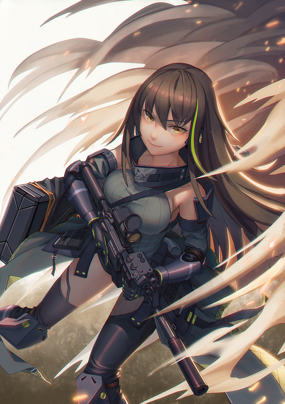 (9)_pai_bingxiang arm_strap armor armpits assault_rifle asymmetrical_legwear bangs brown_eyes brown_hair case clothes_around_waist collarbone detached_sleeves digi-mind_update_(girls_frontline) dust elbow_pads eyebrows_visible_through_hair floating_hair gauntlets girls_frontline gloves gun hair_between_eyes headset highres holding holding_gun holding_weapon jacket_around_waist light_particles long_hair m4_carbine m4a1_(girls_frontline) multicolored_hair open_mouth ribbed_sweater rifle scarf scope sidelocks smile smoke solo strap streaked_hair sweater sweater_vest torn_jacket two-tone_hair weapon weapon_case wind wind_lift