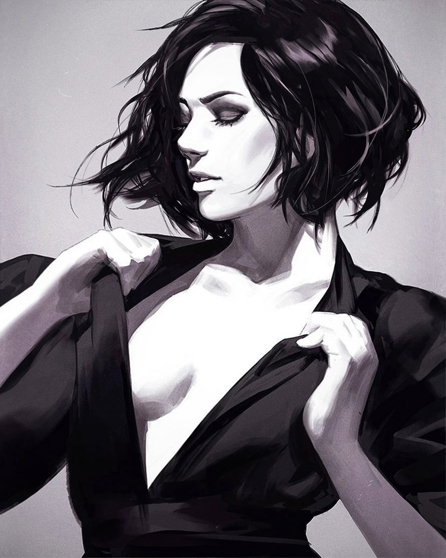 1girl breasts closed_eyes collarbone greyscale guweiz monochrome no_bra open_clothes open_shirt original parted_lips realistic short_hair short_sleeves small_breasts smile solo undressing upper_body