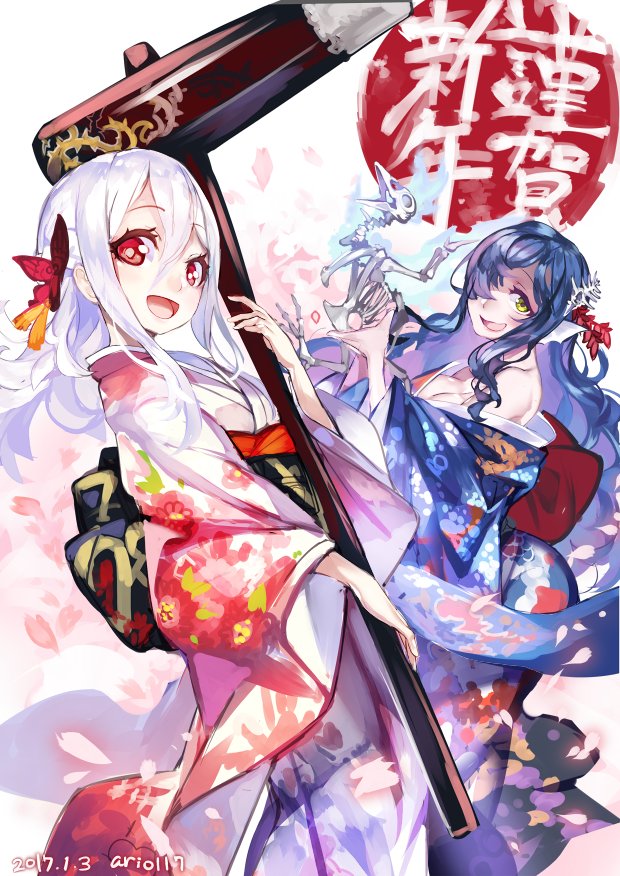 :d ario bangs bare_shoulders blue_hair blue_kimono bone breasts butterfly_hair_ornament character_request cherry_blossoms cleavage copyright_request eyebrows eyebrows_visible_through_hair eyelashes floral_print green_eyes hair_between_eyes hair_ornament hair_over_one_eye head_fins japanese_clothes kimono large_breasts long_hair long_sleeves looking_at_viewer off_shoulder open_mouth petals red_eyes sidelocks skeleton smile tongue white_hair white_kimono wide_sleeves