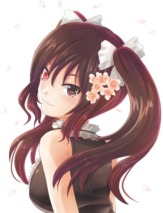 1girl bangs bare_shoulders brown_eyes brown_hair closed_mouth commentary_request flower hair_between_eyes hair_flower hair_ornament heterochromia jewelry kaogei_moai looking_at_viewer moai_(moai_world) neo_(rwby) pink_eyes smile solo white_background