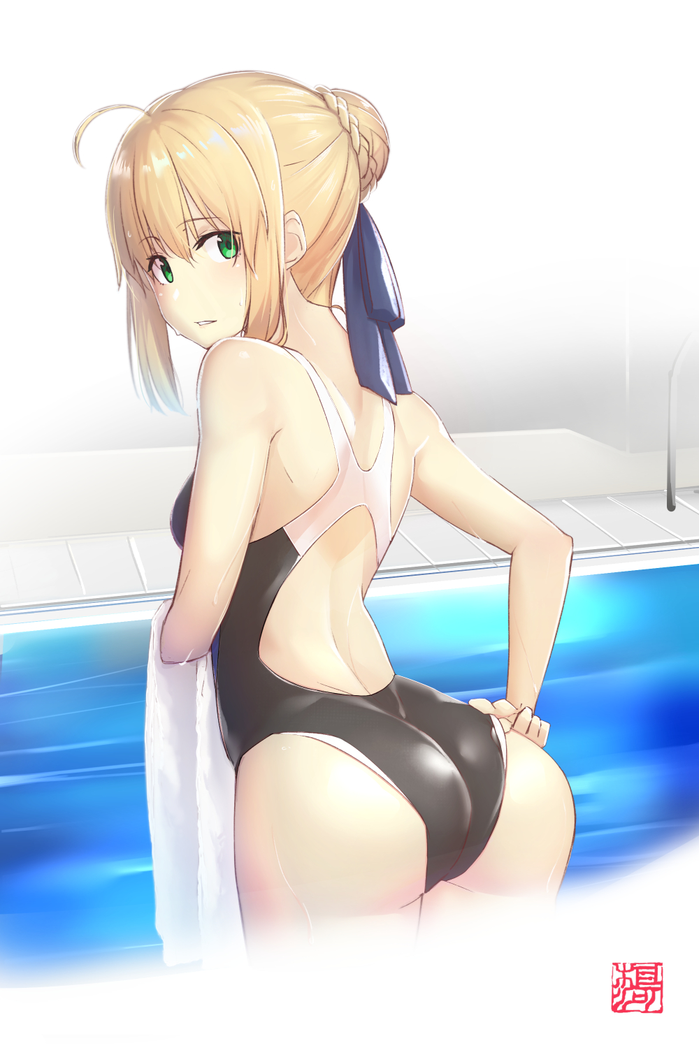 1girl ahoge artoria_pendragon_(all) ass bangs blonde_hair blue_ribbon braid breasts eyebrows_visible_through_hair fate/grand_order fate_(series) goemon1110 green_eyes hair_bun hair_ornament hair_ribbon highres looking_at_viewer looking_back one-piece_swimsuit ribbon short_hair small_breasts solo standing swimsuit tied_hair