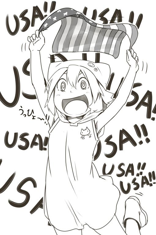 1girl @_@ al_bhed_eyes american_flag animal_hat armpits arms_up bangs boots cat_hat cowboy_shot denchuubou dress excited hair_between_eyes happy hat hood hoodie hoodie_dress hoodie_vest jumping medium_hair monochrome open_mouth original paw_print pins short_dress sidelocks sleeveless sleeveless_dress smile vest wide-eyed