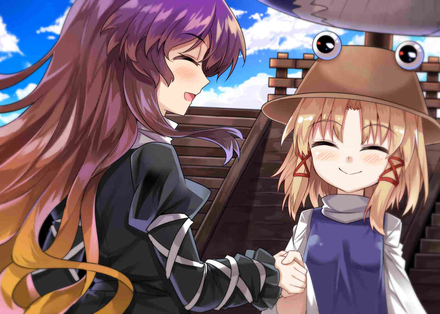 2girls :d ^_^ black_dress blonde_hair blue_sky blush brown_hat closed_eyes clouds commentary_request day dress e.o. eyes_visible_through_hair from_side gradient_hair hair_ribbon hat hijiri_byakuren juliet_sleeves long_hair long_sleeves moriya_suwako multicolored_hair multiple_girls open_mouth palanquin_ship profile puffy_sleeves purple_hair red_ribbon ribbon short_hair sidelocks sky smile stairs touhou upper_body wide_sleeves
