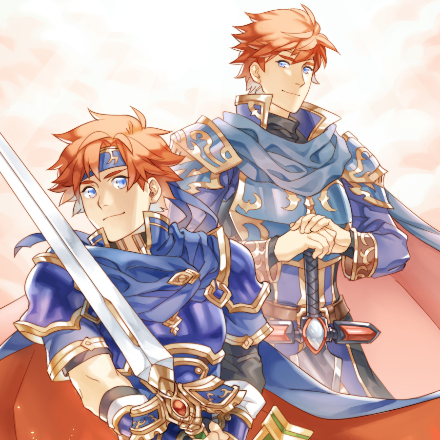2boys armor blue_eyes breastplate cape father_and_son fire_emblem fire_emblem:_fuuin_no_tsurugi fire_emblem:_rekka_no_ken holding holding_sword holding_weapon looking_at_viewer multiple_boys pauldrons redhead smile sword weapon