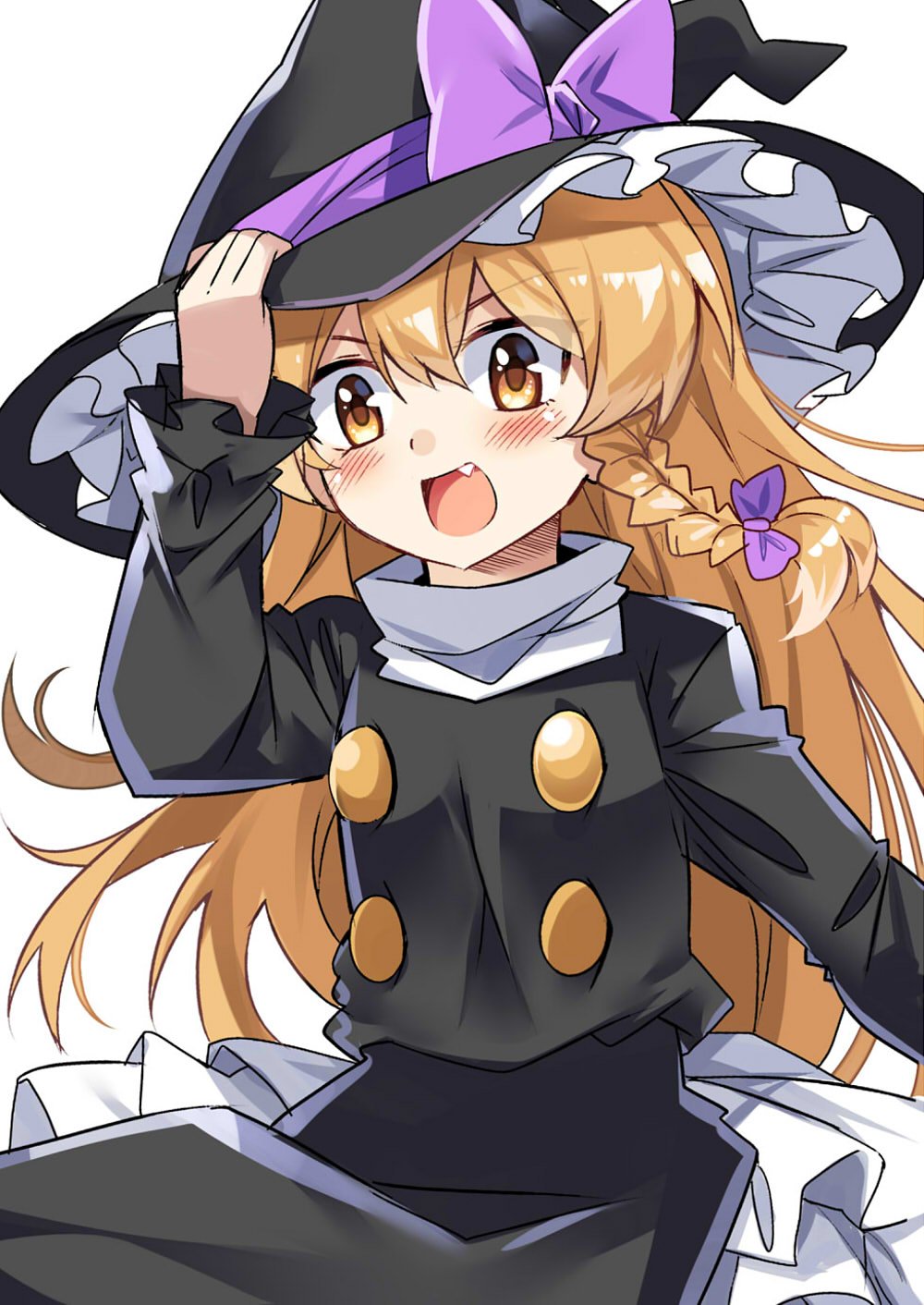 1girl :d black_coat black_hat blonde_hair blush bow braid e.o. eyebrows_visible_through_hair fang hair_bow hand_on_headwear hat hat_bow head_tilt highres kirisame_marisa layered_skirt long_hair long_sleeves looking_at_viewer open_mouth purple_bow simple_background single_braid skirt smile solo standing touhou upper_body v-shaped_eyebrows white_background white_skirt witch_hat yellow_eyes
