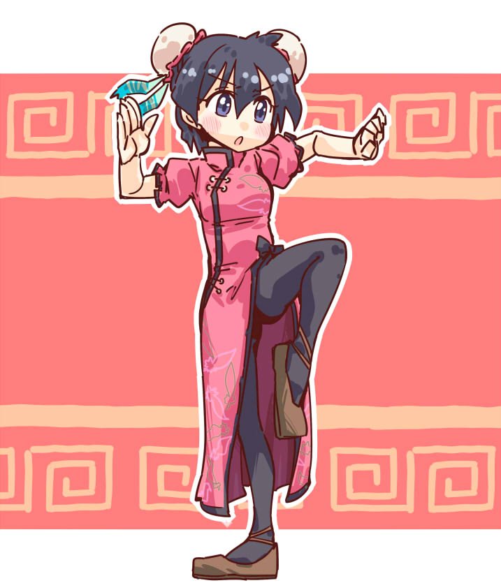 1girl alternate_costume black_eyes black_hair black_legwear blush bun_cover china_dress chinese_clothes commentary_request double_bun dress eyebrows_visible_through_hair feather_print fighting_stance full_body hair_between_eyes kaban_(kemono_friends) kemono_friends open_mouth outline pantyhose pink_dress puffy_short_sleeves puffy_sleeves seki_(red_shine) short_hair short_sleeves solo standing standing_on_one_leg white_outline