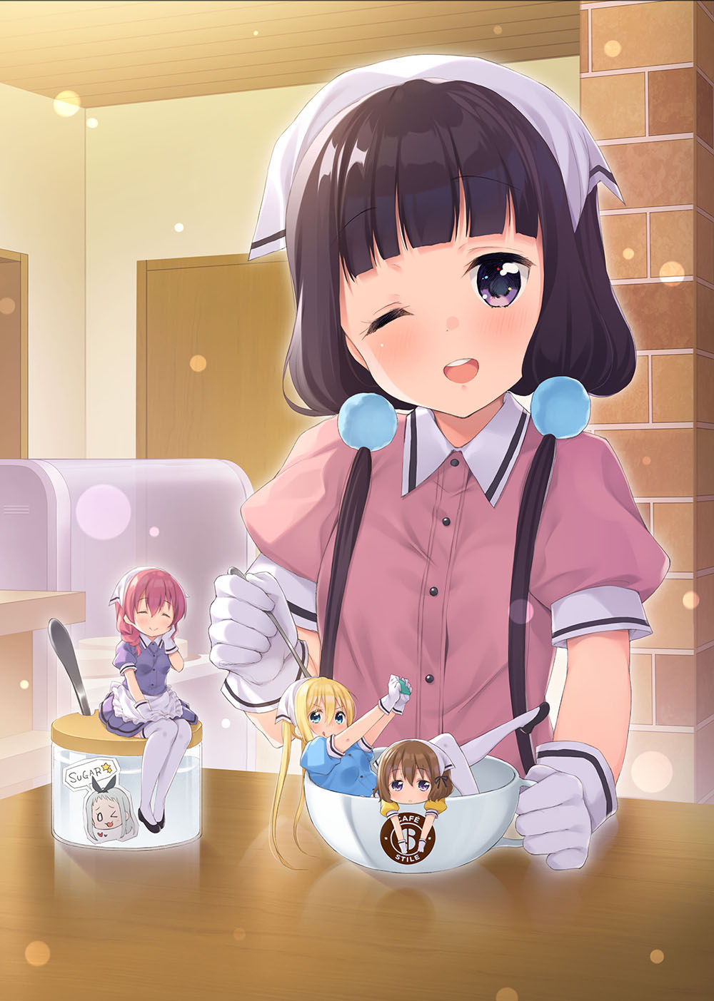 4girls ;d amano_miu apron black_eyes black_footwear black_hair blend_s blonde_hair blue_shirt closed_eyes dress_shirt eyebrows_visible_through_hair gloves hair_ornament hand_on_own_cheek highres hinata_kaho holding holding_spoon hoshikawa_mafuyu indoors kanzaki_hideri lens_flare long_hair looking_at_viewer minase_shuu miniskirt multiple_girls one_eye_closed open_mouth pink_hair pink_shirt purple_shirt purple_skirt sakuranomiya_maika shirt short_hair short_sleeves sitting skirt smile thigh-highs twintails white_apron white_gloves white_legwear yellow_shirt