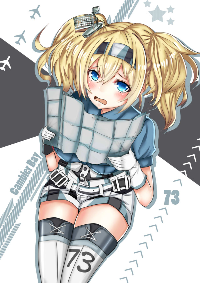 1girl blonde_hair blue_eyes blue_shirt breast_pocket breasts character_name collared_shirt cowboy_shot fire_maxs gambier_bay_(kantai_collection) hair_between_eyes hairband kantai_collection large_breasts long_hair map_(object) number open_mouth pocket shirt short_sleeves shorts sitting solo thigh-highs twintails white_legwear