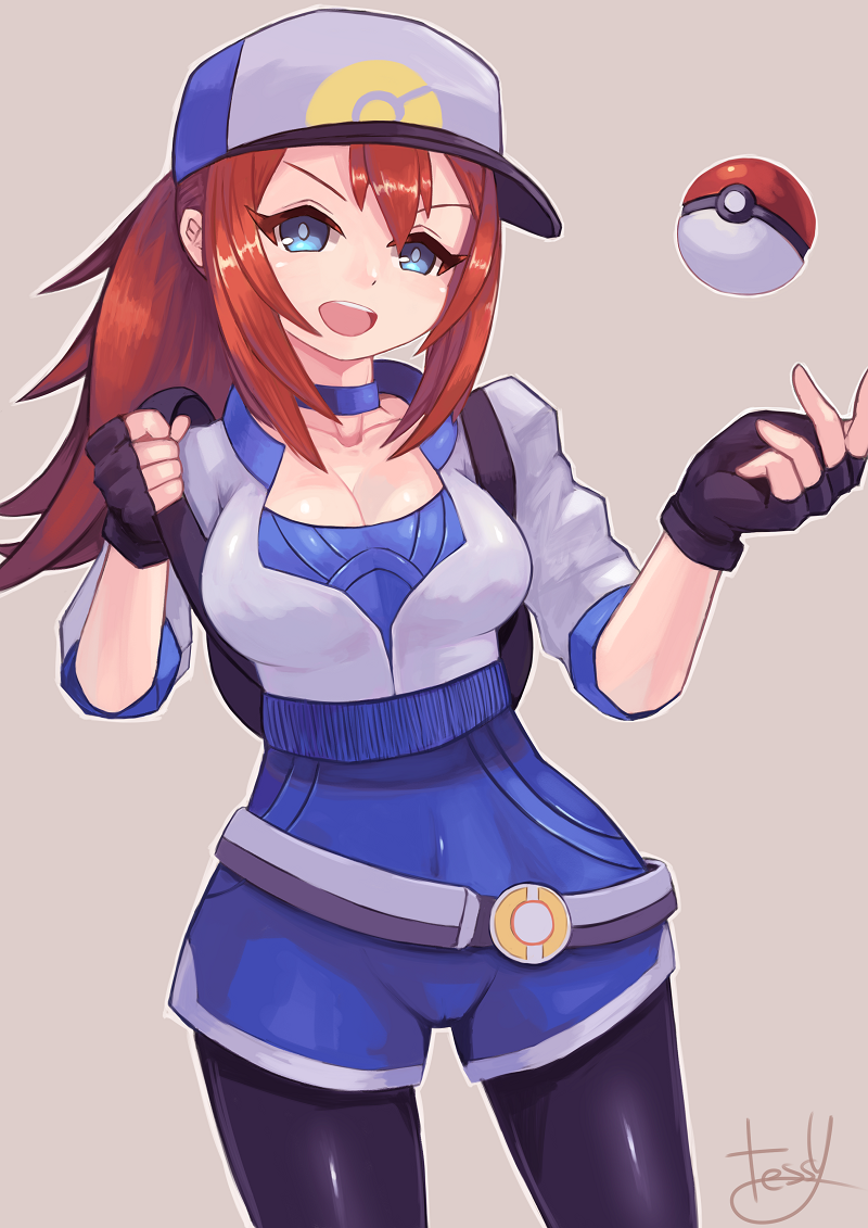 1girl baseball_cap blush breasts female_protagonist_(pokemon_go) fingerless_gloves gloves hat jumpsuit leggings long_hair poke_ball pokemon pokemon_go ponytail redhead smile solo