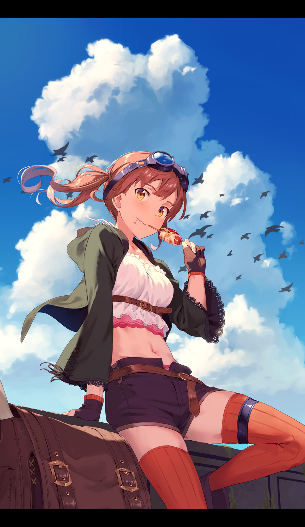 1girl bag bangs belt belt_buckle bird black_shorts blush breasts brown_gloves buckle closed_eyes clouds cloudy_sky crop_top day eating food food_on_face from_below gloves goggles goggles_on_head green_jacket hand_up highres holding holding_food hood hood_down hooded_jacket jacket kinta_(distortion) lace-trimmed_sleeves leaning leg_up long_hair long_sleeves looking_at_viewer looking_down medium_breasts navel open_clothes open_fly open_jacket original panties panty_peek partly_fingerless_gloves pink_panties purple-framed_eyewear red_legwear redhead reflection sausage short_shorts shorts side_ponytail sky smile solo stomach striped striped_legwear thigh_strap underbust underwear vertical-striped_legwear vertical_stripes wide_sleeves yellow_eyes