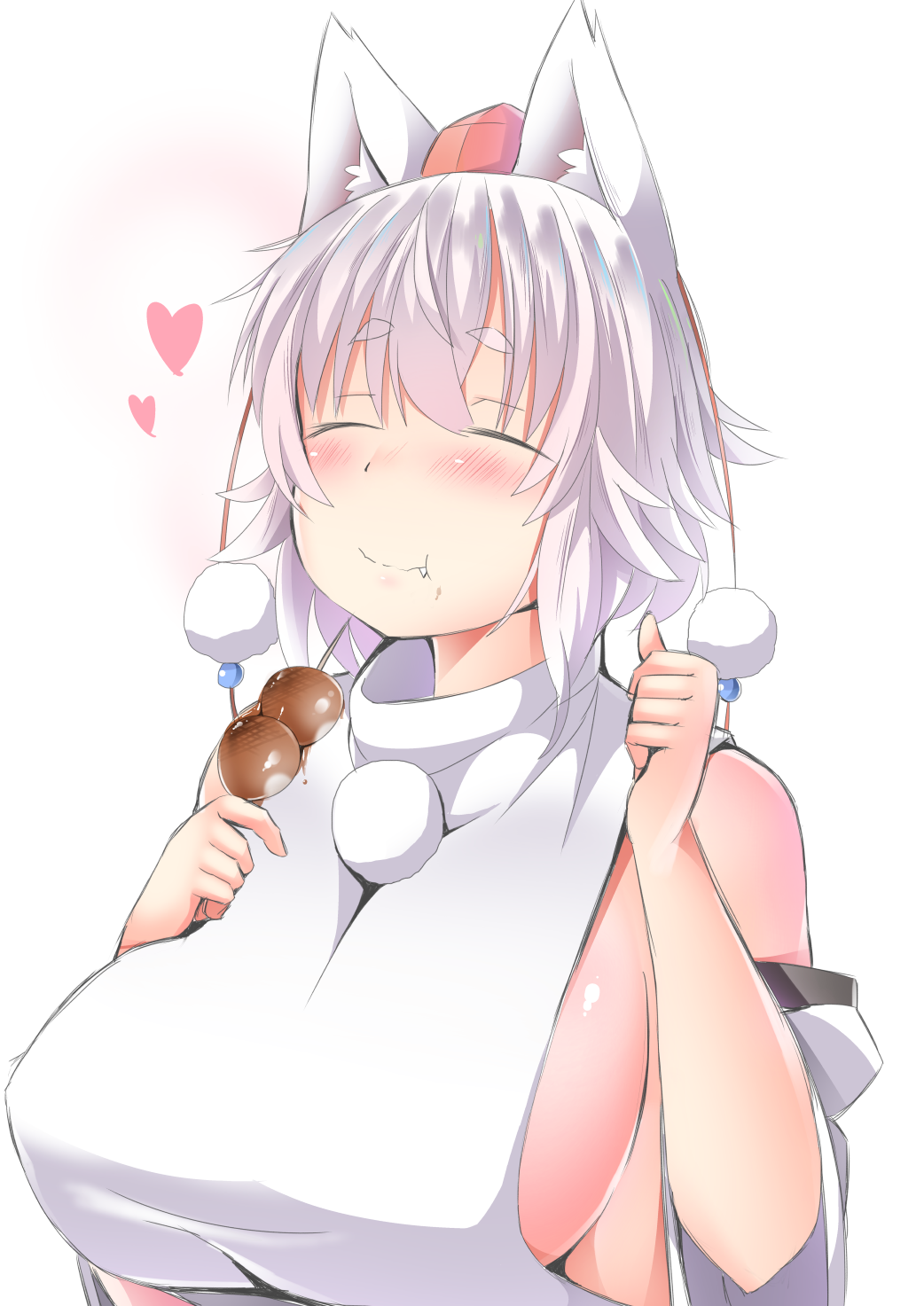 1girl animal_ears bare_shoulders blush breasts detached_sleeves eating fang hat highres inubashiri_momiji large_breasts shishi_juuroku sideboob smile solo tail thick_eyebrows tokin_hat touhou upper_body white_hair wolf_ears wolf_tail