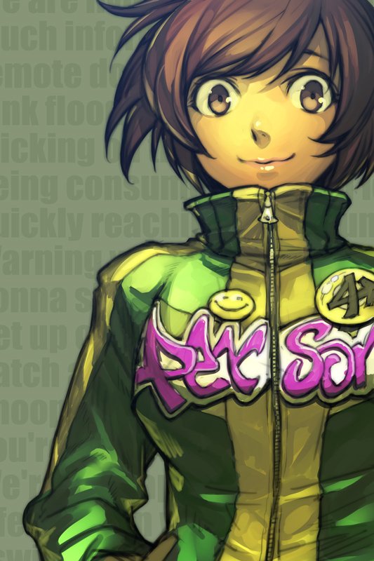 1girl brown_eyes brown_hair commentary_request green_background hankuri jacket long_sleeves looking_at_viewer persona persona_4 satonaka_chie short_hair smile smiley_face solo upper_body