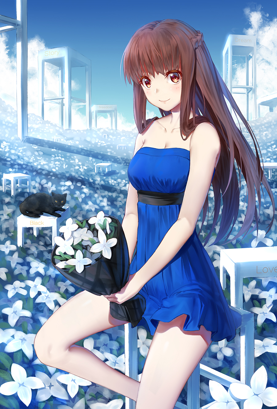 1girl animal bangs bare_arms bare_shoulders black_cat blue_dress blue_sky blush bouquet braid breasts brown_eyes brown_hair cat cleavage closed_mouth clouds collarbone commentary_request day dress english field flower flower_field highres holding holding_bouquet ji_dao_ji long_hair looking_at_viewer medium_breasts original outdoors sky smile solo strapless strapless_dress very_long_hair white_flower