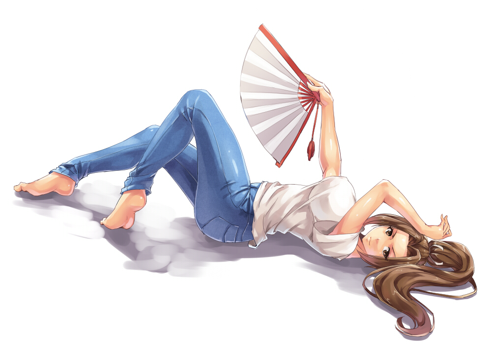 1girl arm_up barefoot breasts brown_eyes brown_hair casual denim fan fatal_fury folding_fan from_side hand_on_own_head holding holding_fan jeans knees_up large_breasts long_hair looking_at_viewer lying on_back pants ponytail shinkaui shiranui_mai shirt simple_background smile soles solo the_king_of_fighters