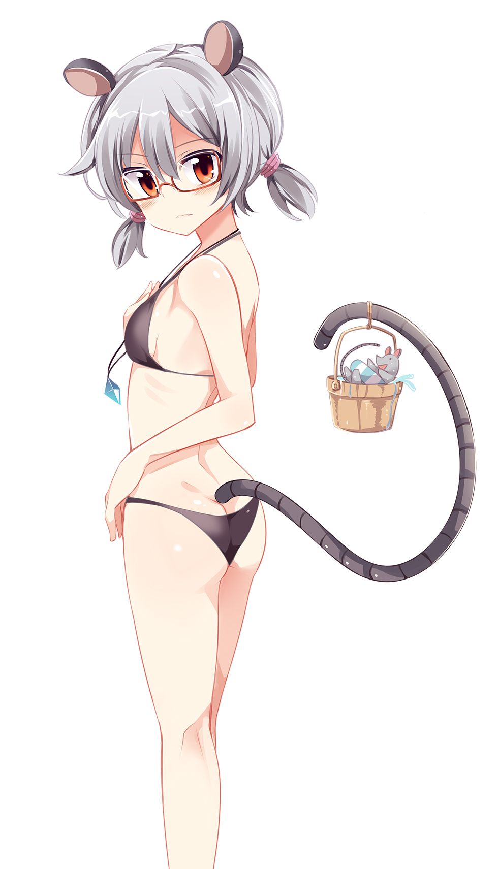 1girl animal_ears ass bare_shoulders bespectacled bikini black_bikini blush breasts bucket glasses grey_hair halter_top halterneck highres jewelry looking_at_viewer low_twintails maturiuta_sorato mouse mouse_ears mouse_tail nazrin pendant red-framed_eyewear red_eyes semi-rimless_eyewear sideboob simple_background small_breasts solo standing swimsuit tail touhou twintails under-rim_eyewear water wavy_mouth white_background