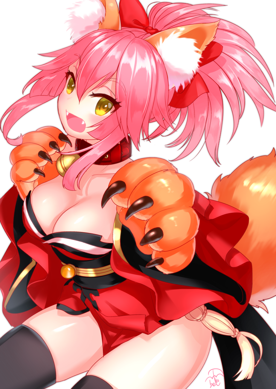 1girl animal_ears bell bell_collar black_legwear blush_stickers cat_paws collar collarbone fangs fate/grand_order fate_(series) fox_ears fox_tail gloves hair_ribbon highres jingle_bell long_hair looking_at_viewer open_mouth paw_gloves paws pink_hair ponytail red_ribbon ribbon simple_background solo tail tamamo_(fate)_(all) tamamo_cat_(fate) thigh-highs tranquil-lizer white_background