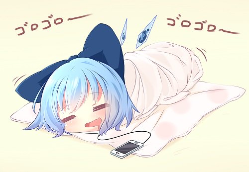 1girl =_= akisha bad_id bad_pixiv_id bangs bedroll blue_bow blue_hair bow cable cellphone cirno drooling eyebrows_visible_through_hair ice ice_wings light_blush lowres open_mouth phone polka_dot rolled rolling short_hair simple_background smartphone smile solo touhou translated wings