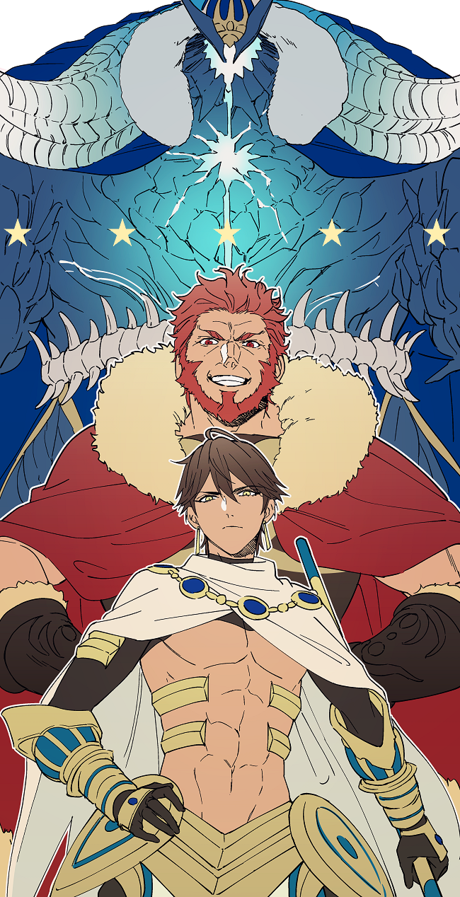 3boys abs ahoge beard brown_hair cape closed_mouth cowboy_shot faceless facial_hair fate/grand_order fate/prototype fate/prototype:_fragments_of_blue_and_silver fate/zero fate_(series) fur_trim grin hand_on_hip hands_on_hips height_difference highres ivan_the_terrible_(fate/grand_order) looking_at_viewer male_focus multiple_boys muscle ozymandias_(fate) red_cape red_eyes redhead rider_(fate/zero) simple_background smile staff standing takashi_(huzakenna) toned toned_male white_background white_cape yellow_eyes