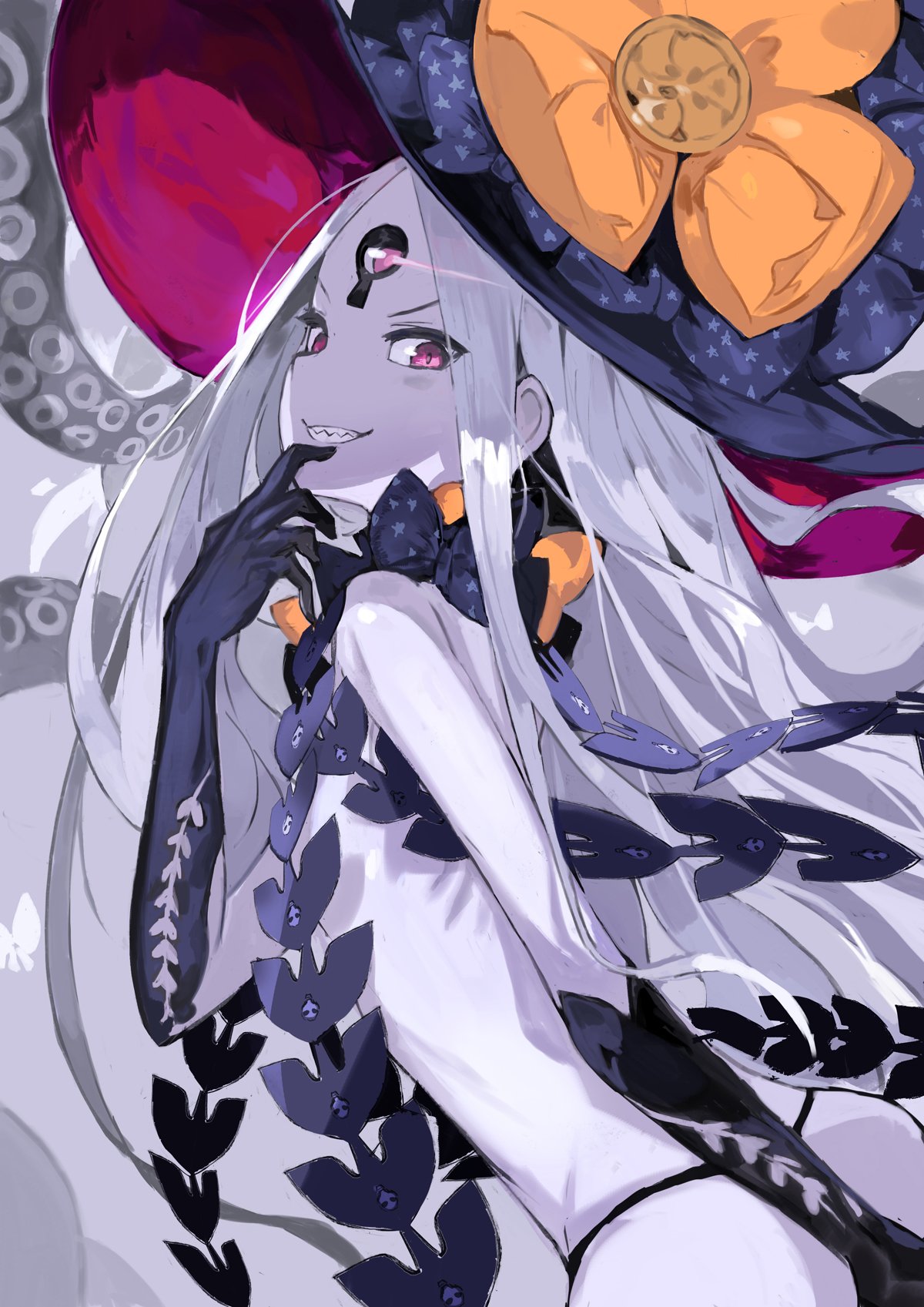 1girl abigail_williams_(fate/grand_order) andrian_gilang blue_skin fate/grand_order fate_(series) grin hat highres looking_to_the_side purple_skin red_eyes sharp_teeth smile solo teeth third_eye thong white_hair witch_hat