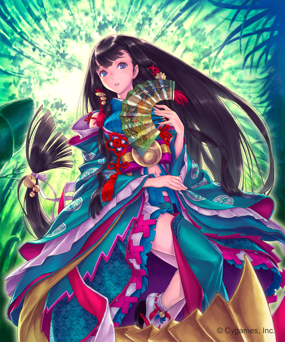1girl absurdly_long_hair bamboo bamboo_forest bell black_hair blue_eyes detached_sleeves fan floating_hair forest hair_bell hair_ornament hair_ribbon highres hisakata_souji holding holding_fan japanese_clothes long_hair looking_at_viewer low-tied_long_hair midriff nature navel outdoors parted_lips red_ribbon ribbon shadowverse solo stomach very_long_hair white_ribbon