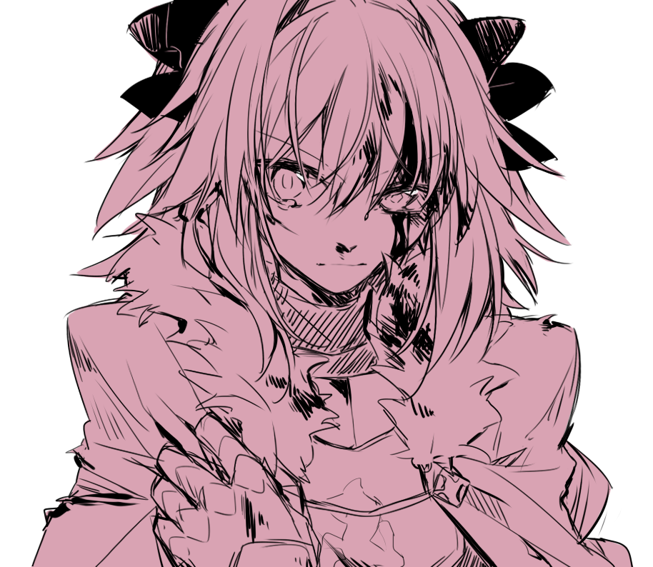 1boy :| astolfo_(fate) bangs blood blood_on_face bloody_clothes bow citron_82 closed_mouth commentary_request emblem eyebrows_visible_through_hair fate/apocrypha fate_(series) fur-trimmed_cloak fur_collar gauntlets gorget hair_between_eyes hair_bow hair_intakes half-closed_eyes hand_up injury long_hair long_sleeves looking_at_viewer male_focus monochrome parted_bangs shirt simple_background sketch solo tears torn_cloak torn_clothes trap turtleneck uneven_eyes upper_body v-shaped_eyebrows