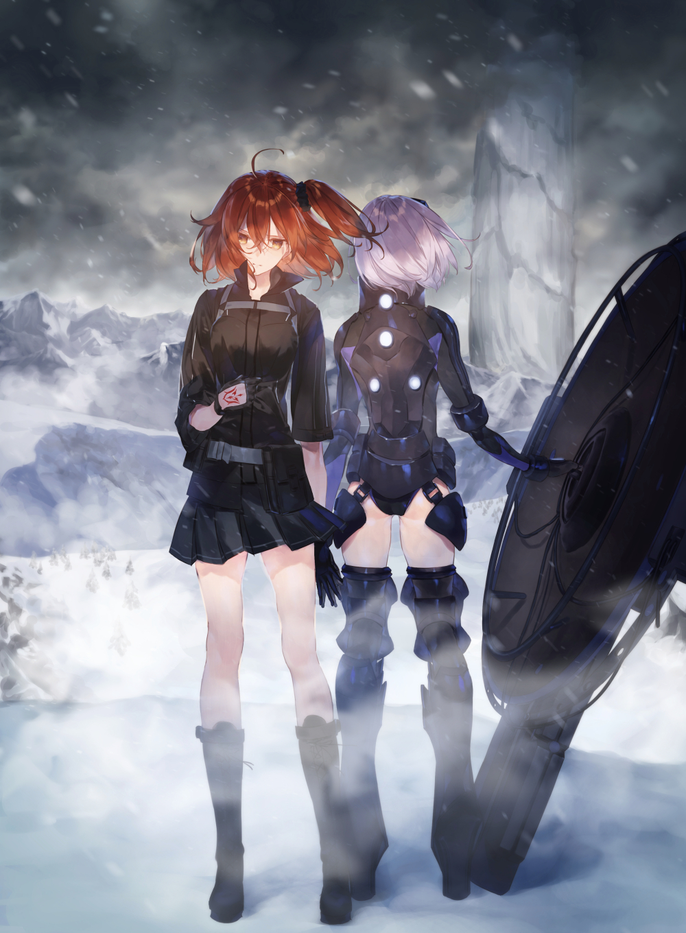 2girls armor armored_bodysuit armored_boots ass bangs belt black_footwear black_gloves black_shirt black_skirt bodysuit boots breasts collared_shirt command_spell fate/grand_order fate_(series) fujimaru_ritsuka_(female) full_body gloves hair_between_eyes hair_ornament hair_scrunchie highres hotosoka_(user_nxja5583) knee_boots large_breasts leotard looking_at_viewer mash_kyrielight miniskirt multiple_girls one_side_up orange_eyes orange_hair pleated_skirt purple_hair scrunchie shirt short_hair skirt snow snowing standing thigh-highs thigh_boots wind winter yellow_eyes