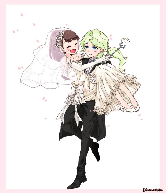 2girls blonde_hair blue_eyes bridal_veil bride brown_hair carrying closed_eyes diana_cavendish dress elbow_gloves gloves groom high_heels kagari_atsuko little_witch_academia multiple_girls princess_carry raisun tuxedo veil wedding wedding_dress wife_and_wife yuri