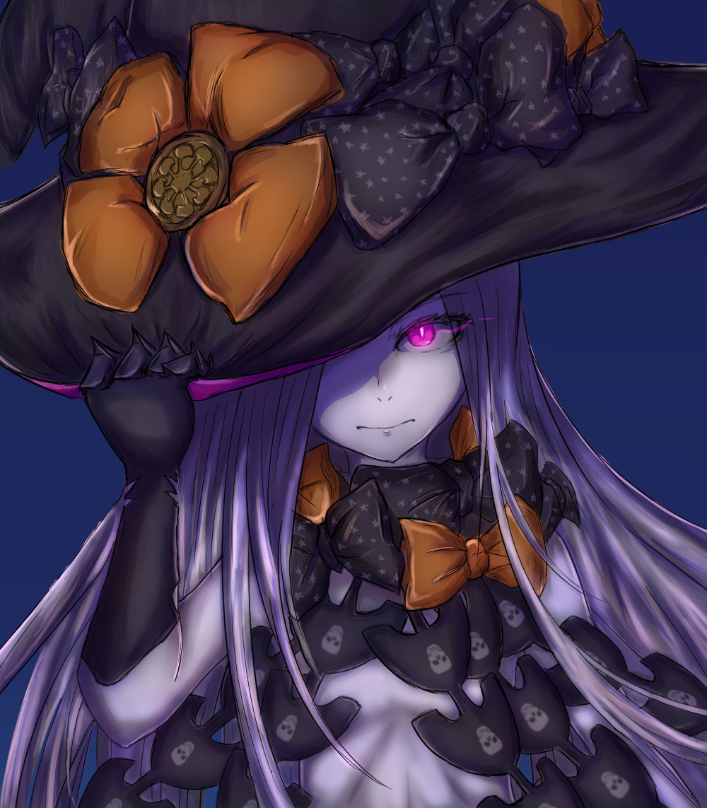 1girl abigail_williams_(fate/grand_order) bangs black_bow black_gloves black_hat blue_background bow closed_mouth code-theia commentary_request elbow_gloves fate/grand_order fate_(series) gloves glowing glowing_eyes hand_on_headwear hat hat_bow long_hair looking_at_viewer one_eye_covered orange_bow pale_skin parted_bangs pink_eyes print_bow revealing_clothes silver_hair simple_background solo star star_print very_long_hair witch_hat