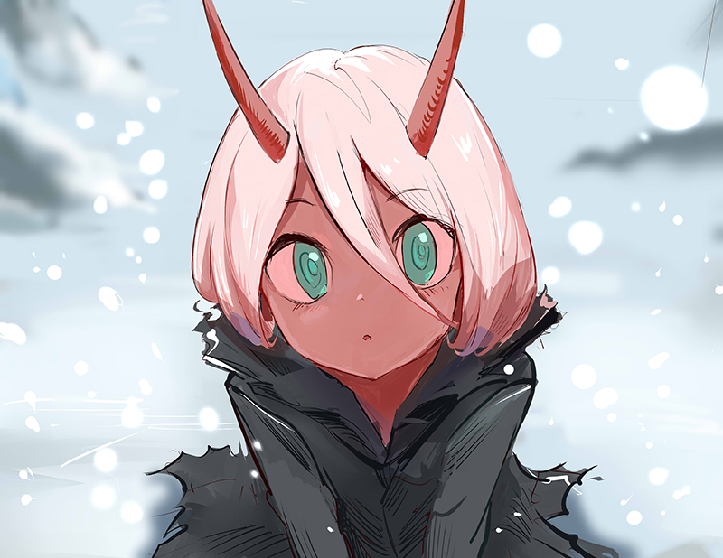 1girl :o bangs child darling_in_the_franxx day eyebrows_visible_through_hair green_eyes hair_between_eyes long_hair looking_at_viewer oni oni_horns open_mouth outdoors red_skin robe silver_hair sishenfan sitting snow snowing solo spoilers straight_hair tareme upper_body wariza zero_two_(darling_in_the_franxx)