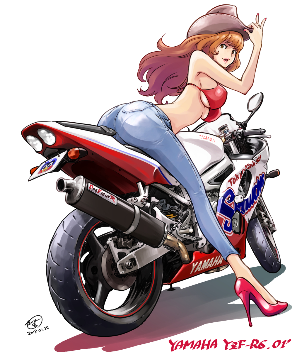 1girl ass bikini bikini_top breasts brown_eyes cowboy_hat dated denim from_behind ground_vehicle hand_on_headwear hat hat_tip high_heels highres jeans large_breasts lips long_hair looking_at_viewer looking_back lupin_iii mine_fujiko motor_vehicle motorcycle no_shirt open_mouth orange_hair pants red_bikini saitou_sakae signature simple_background sitting solo straddling swimsuit twisted_torso under_boob yamaha