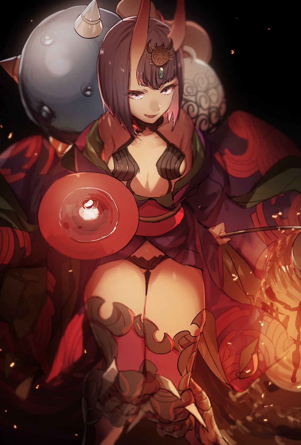 1girl alcohol bangs breasts commentary_request cup fang fate/grand_order fate_(series) from_above gluteal_fold gourd greaves hair_ornament highres horns japanese_clothes kimono long_sleeves looking_at_viewer looking_up no-kan obi oni oni_horns parted_lips purple_hair sakazuki sake sash short_hair shuten_douji_(fate/grand_order) sitting small_breasts smile solo thigh_gap violet_eyes wide_sleeves