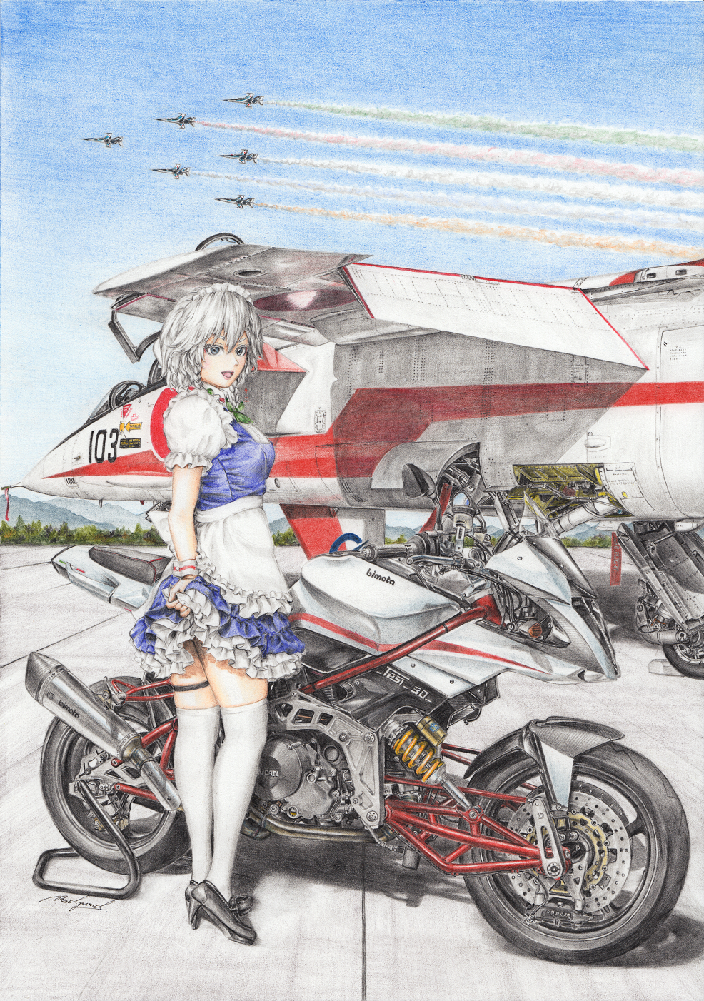 1girl :d aircraft airplane apron bent_elbow bent_knee bimota_tesi-3d black_footwear blue_eyes blue_skirt blue_sky blue_vest braid breasts colored_pencil_(medium) colored_smoke commentary_request condensation_trail day ducati fighter_jet forest frilled_apron frilled_skirt frilled_sleeves frills from_behind full_body green_neckwear green_ribbon ground_vehicle hair_between_eyes hair_ribbon heel_raised high_heels highres holding_skirt izayoi_sakuya jet large_breasts looking_at_viewer maid_headdress mecha_request military military_vehicle motor_vehicle motorcycle mountain nature neck_ribbon nose open_mouth outdoors parted_lips puffy_short_sleeves puffy_sleeves ribbon rpracing runway shirt shoes short_hair short_sleeves side_braids silver_hair skirt sky smile solo standing stiletto_heels thick_eyebrows thigh-highs thigh_strap tongue touhou traditional_media twin_braids twisted_torso vest waist_apron white_legwear white_shirt zettai_ryouiki