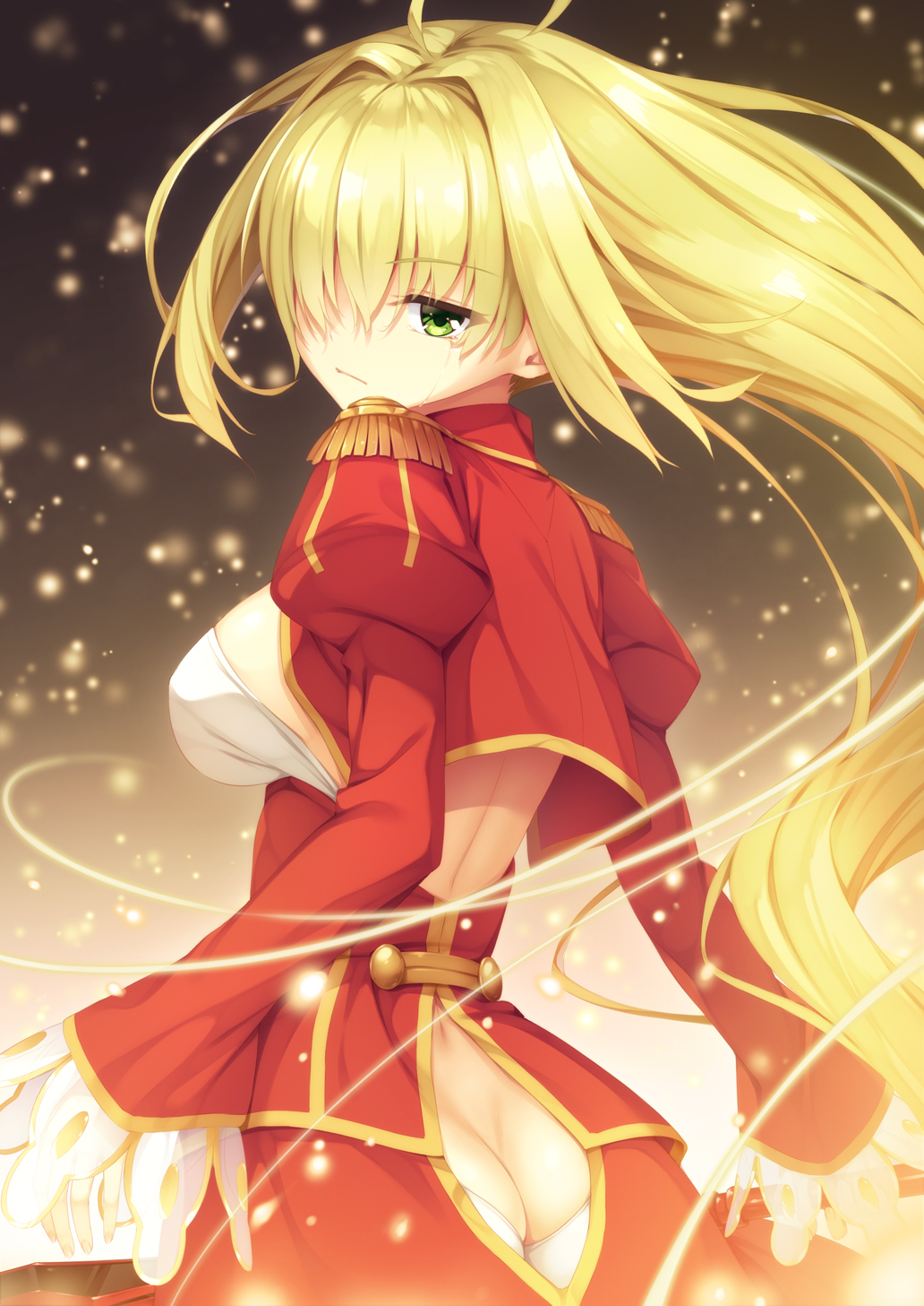 1girl ahoge alternate_hair_length alternate_hairstyle ass ass_cutout bangs blonde_hair breasts butt_crack closed_mouth commentary_request crying crying_with_eyes_open dress epaulettes eyebrows_visible_through_hair fate/extra fate_(series) fingernails green_eyes hair_intakes hair_over_one_eye head_tilt highres juliet_sleeves large_breasts long_hair long_sleeves looking_at_viewer looking_back nero_claudius_(fate) nero_claudius_(fate)_(all) puffy_sleeves red_dress revision sidelocks sleeves_past_wrists solo tears tomifumi very_long_hair wide_sleeves