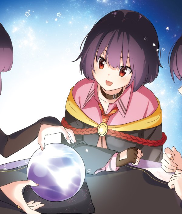 1girl black_hair blush choker crystal_ball kono_subarashii_sekai_ni_shukufuku_wo! looking_at_viewer megumin misu_kasumi red_eyes short_hair solo