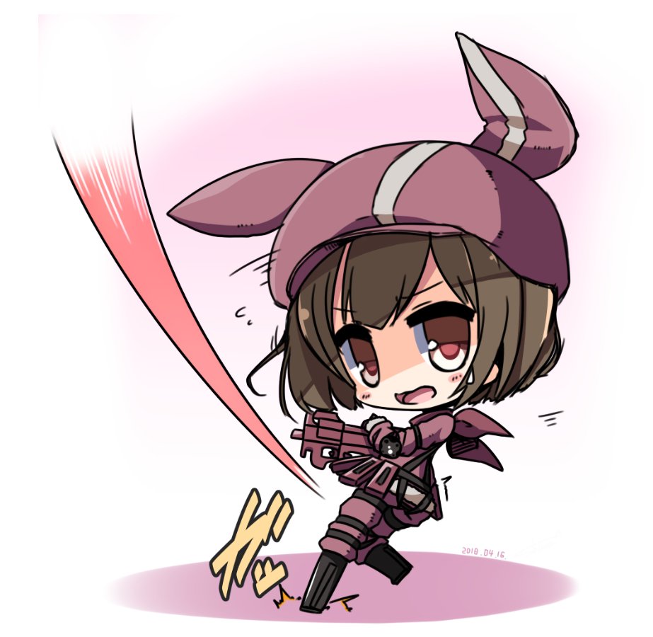 1girl animal_ears animal_hat bangs black_footwear boots brown_eyes brown_hair bullpup bunny_hat cabbie_hat commentary_request dated eyebrows_visible_through_hair flying_sweatdrops gloves gun hat holding holding_gun holding_weapon jacket knee_boots llenn_(sao) long_sleeves looking_at_viewer looking_to_the_side open_mouth p90 pants pink_gloves pink_hat pink_jacket pink_pants rabbit_ears shirasu_youichi short_hair solo standing standing_on_one_leg submachine_gun sword_art_online sword_art_online_alternative:_gun_gale_online thigh-highs weapon