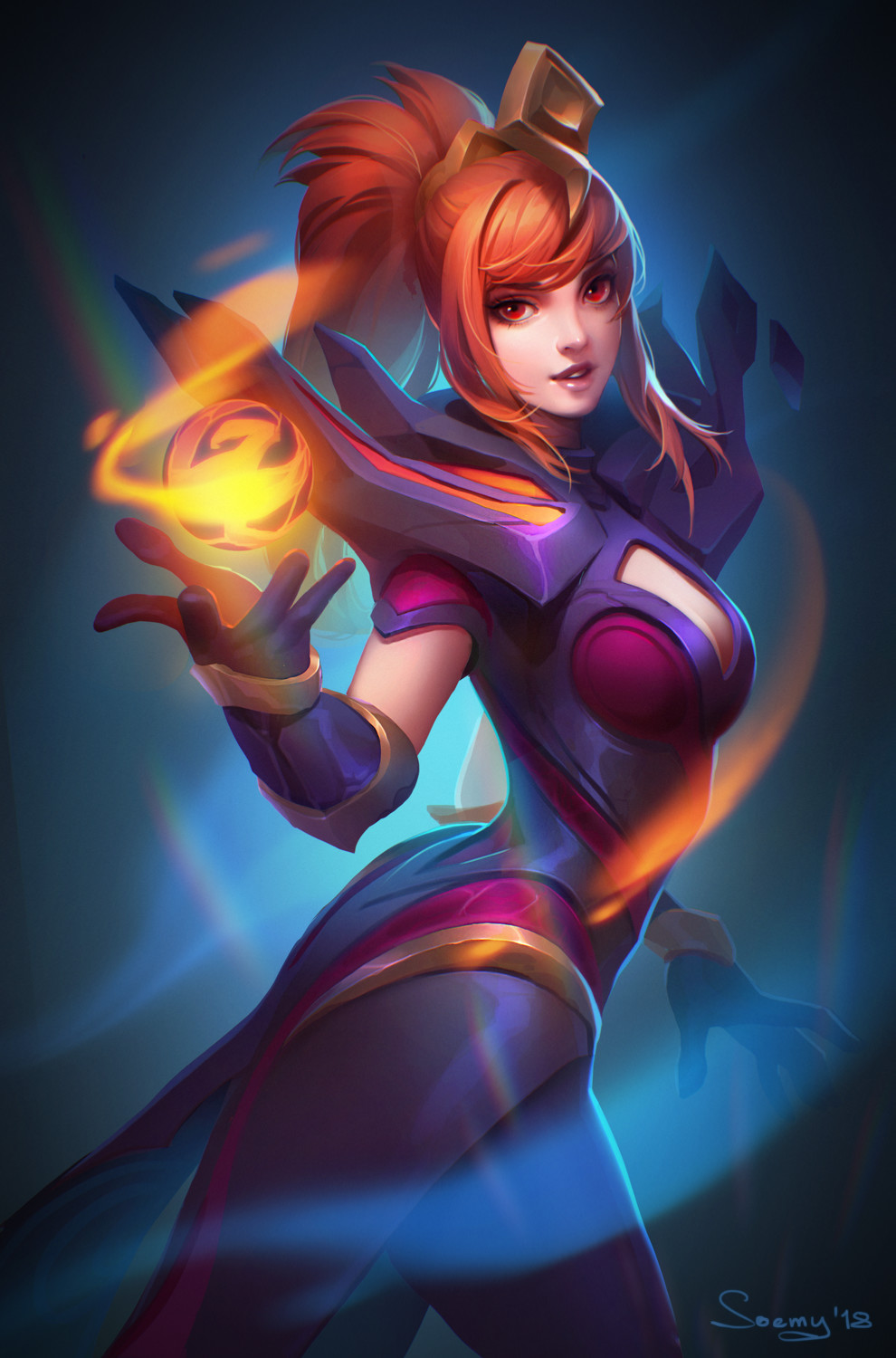 1girl breasts cleavage cleavage_cutout elbow_gloves elementalist_lux gloves highres league_of_legends looking_at_viewer luxanna_crownguard magic magma_elementalist_lux medium_breasts orange_hair ponytail red_eyes tagme