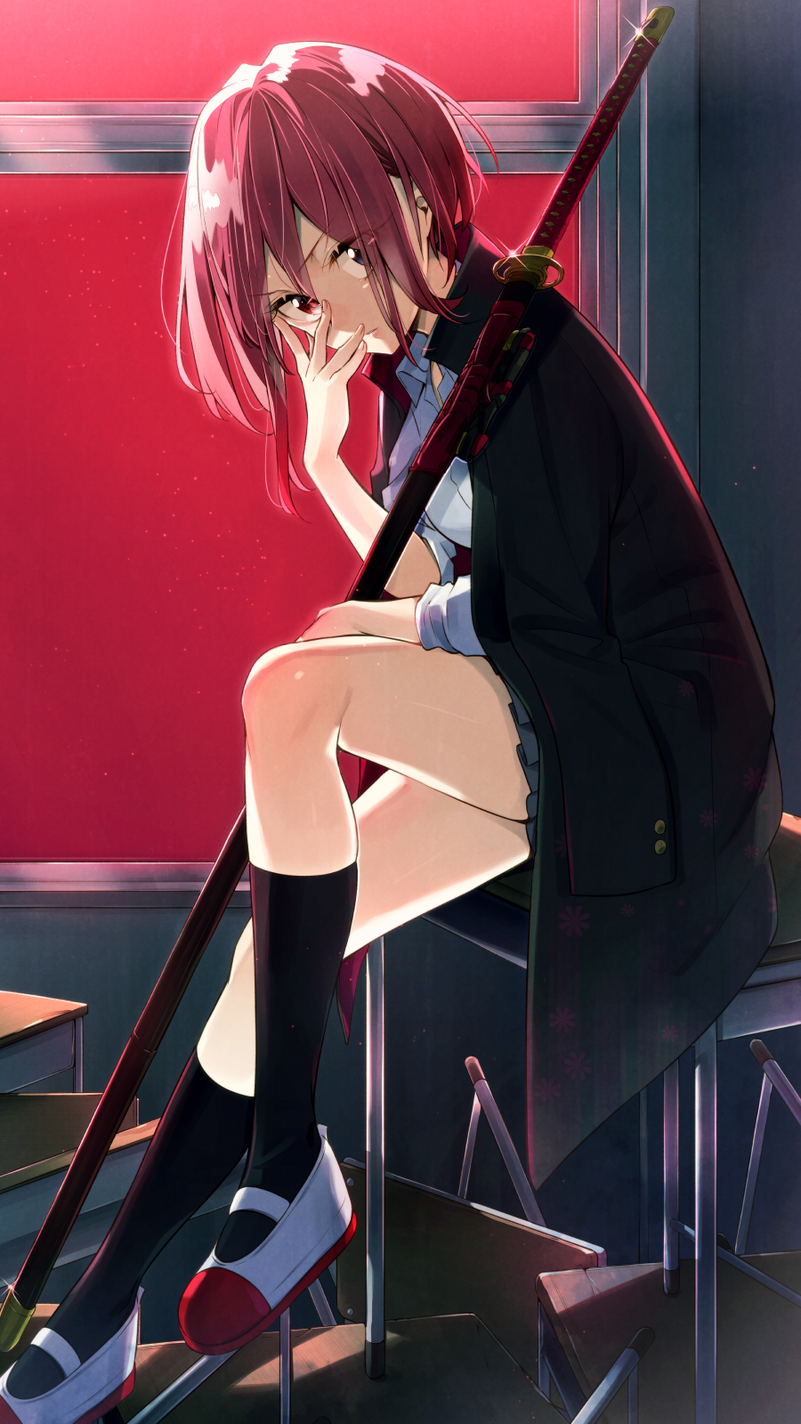 1girl black_jacket black_legwear black_skirt blue_eyes classroom collared_shirt desk from_side full_body glint hand_on_own_face heterochromia highres indoors jacket jacket_on_shoulders katana kneehighs leg_up lips long_sleeves looking_at_viewer looking_to_the_side miniskirt original parted_lips pleated_skirt purple_hair red_eyes sakuragi_ren school_desk school_uniform sheath sheathed shiny shiny_hair shirt shoes short_hair sitting skirt solo sword uwabaki v-shaped_eyebrows weapon white_footwear white_shirt window wing_collar