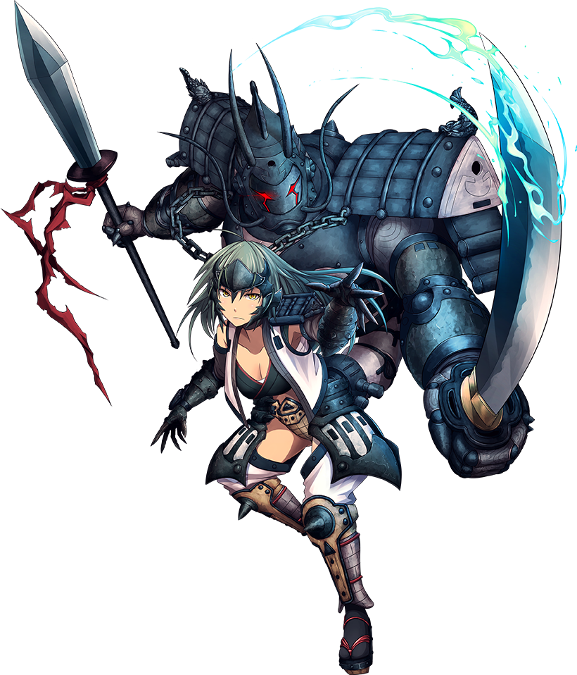 1girl ahoge breasts cleavage dual_wielding fukui_(oshiro_project) full_body gloves glowing glowing_eyes green_hair hachimaki headband headpiece holding holding_spear holding_sword holding_weapon katana kei-suwabe large_breasts looking_at_viewer official_art oshiro_project oshiro_project_re polearm sarashi sleeveless spear sword tan transparent_background weapon yellow_eyes