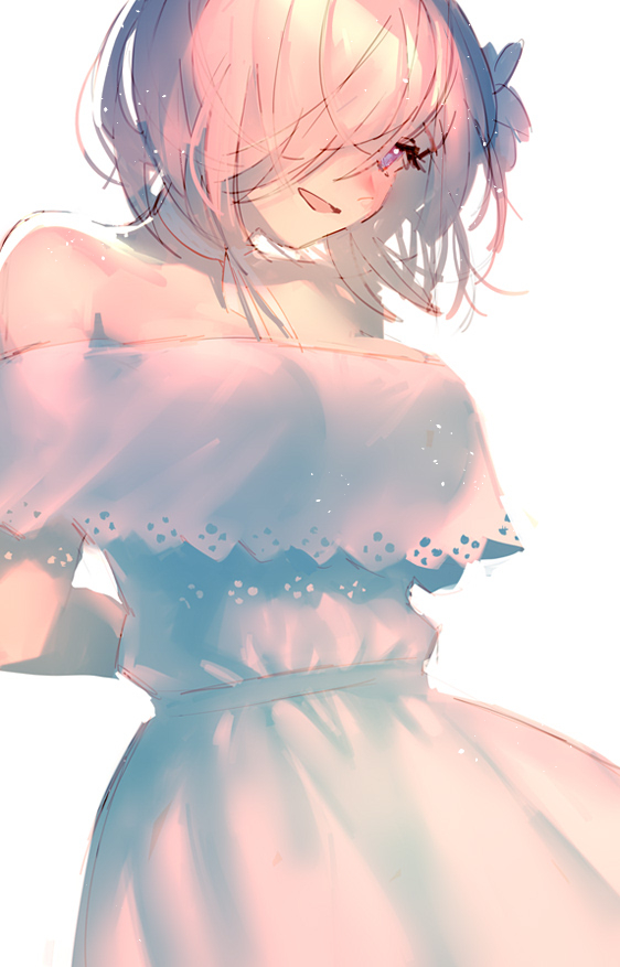 1girl :d arms_behind_back bangs bare_shoulders breasts choker dress fate/grand_order fate_(series) flower hair_between_eyes hair_flower hair_ornament hair_over_one_eye lace lace-trimmed_dress lace_trim mash_kyrielight mebaru medium_breasts off-shoulder_dress off_shoulder open_mouth pink_hair short_hair simple_background smile solo violet_eyes white_background white_choker white_dress