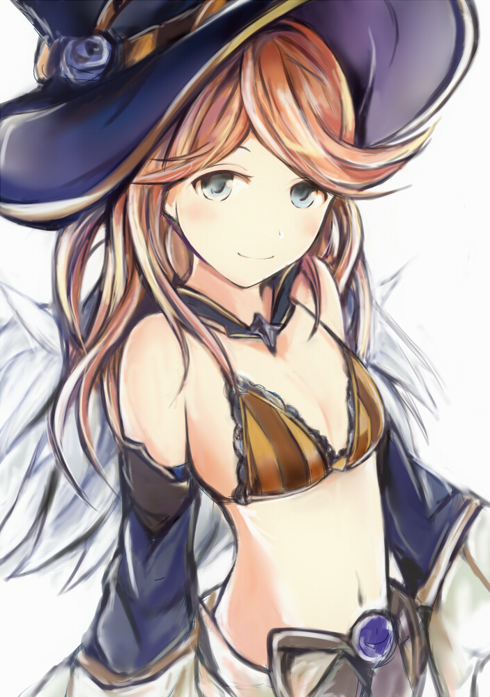 1girl beatrix_(granblue_fantasy) beatrix_(granblue_fantasy)_(cosplay) blue_hat bra breasts brown_bra brown_hair choker cleavage cosplay detached_sleeves floating_hair granblue_fantasy grey_eyes hat long_hair looking_at_viewer midriff nannacy7 navel sara_(granblue_fantasy) simple_background sketch small_breasts smile solo stomach striped striped_bra underwear upper_body white_background witch_hat