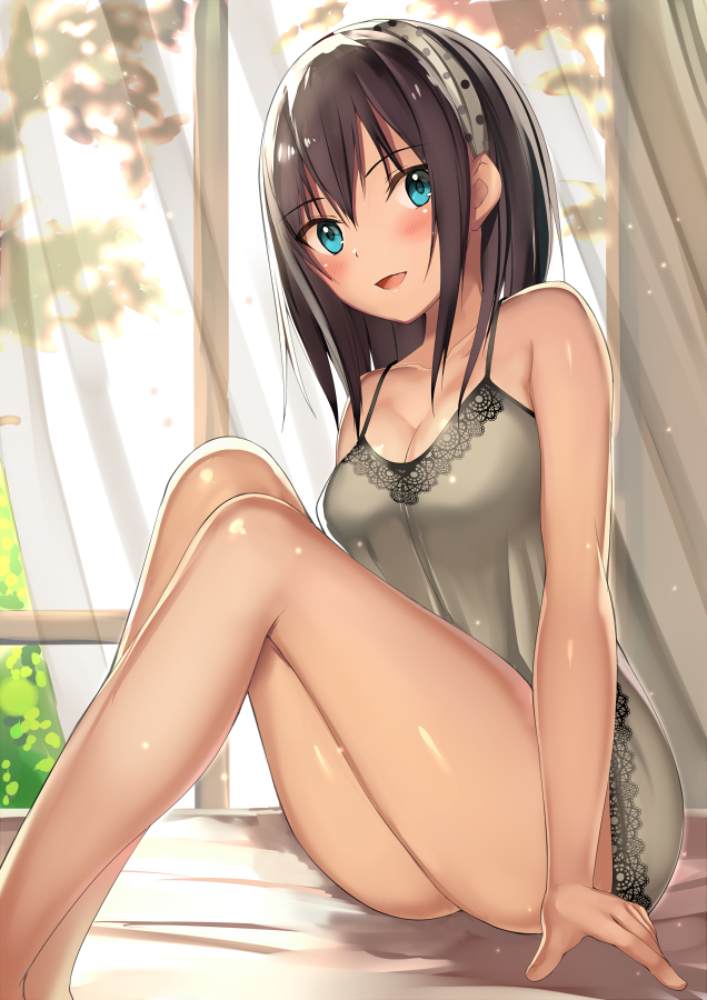 1girl :d babydoll bangs bare_legs black_hair blue_eyes blush breasts cleavage collarbone curtains day eyebrows_visible_through_hair hairband indoors kureha_(ironika) looking_at_viewer medium_breasts nightgown open_mouth original smile solo thighs tsubasa_(kureha) tsurime window