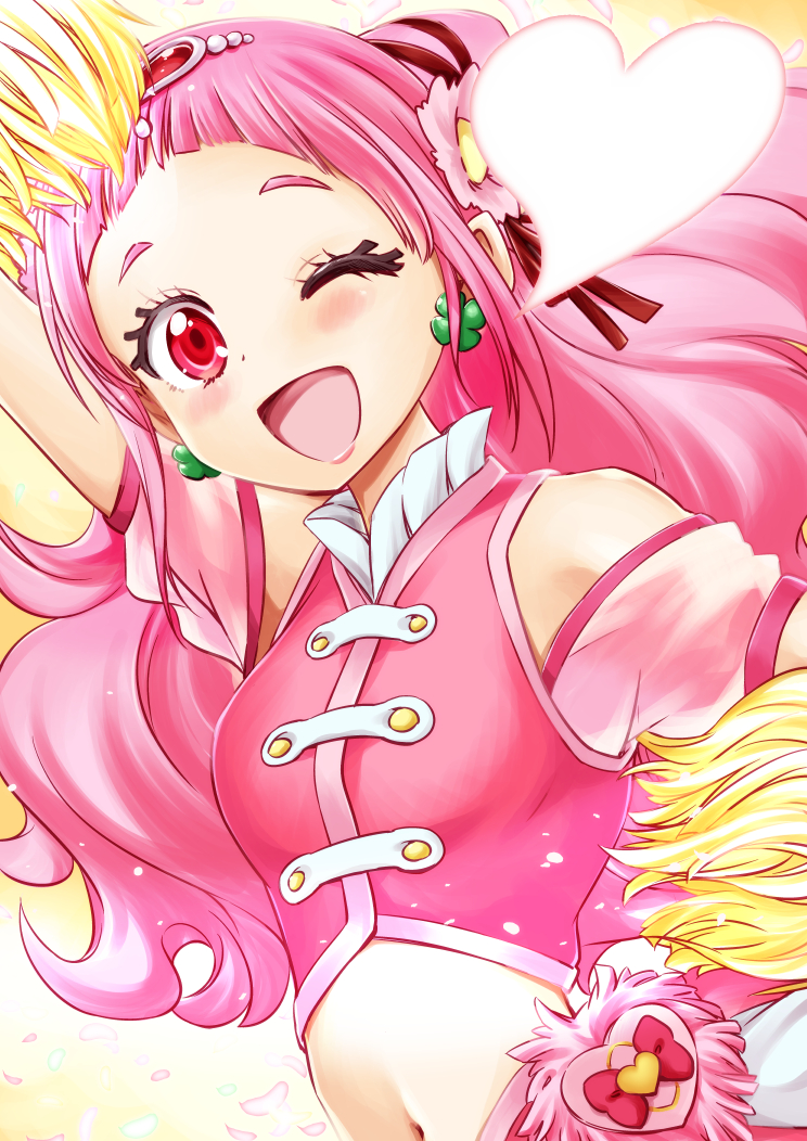 1girl ;d arm_up blush commentary_request cure_yell earrings hugtto!_precure jewelry long_hair looking_at_viewer magical_girl naruse_yasuhiro navel nono_hana one_eye_closed open_mouth pink_hair pom_poms precure red_eyes smile solo