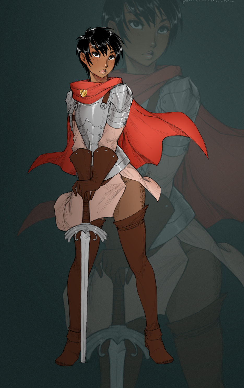 1girl berserk black_eyes black_hair boots breastplate brown_footwear brown_gloves cape casca closed_mouth dark_skin full_body gloves hands_on_hilt highres legs_apart liche_(wiggly_liche) looking_at_viewer paid_reward patreon_reward pelvic_curtain planted_sword planted_weapon red_cape solo spaulders standing sword thigh-highs thigh_boots weapon zoom_layer