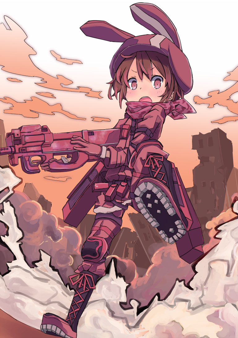 1girl bangs blush boots brown_hair bullpup gloves gun hat holding holding_gun holding_weapon jacket llenn_(sao) looking_at_viewer p90 pink_gloves pink_hat short_hair solo steins_schwanz submachine_gun sword_art_online sword_art_online_alternative:_gun_gale_online weapon